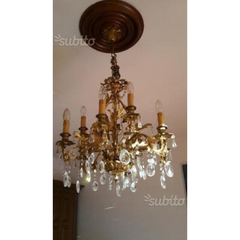 Lampadario chandelier oro foglie gocce cristallo